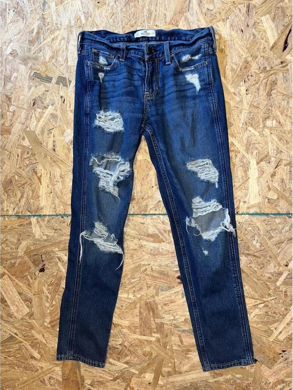 Hollister Distressed Ripped Slim Straight Jeans Heavy Thigh Knee Rips W24 Blue